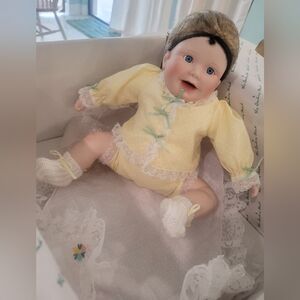 Danbury Mint -Playing Footsie Adorable Porcelain Doll w Yellow Outfit